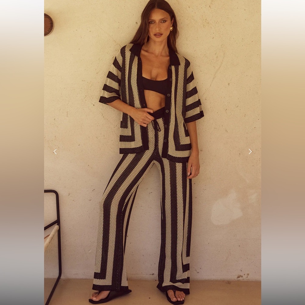 NWT Seven Wonders Runaway Ziggy Matching Stripe Knit Crochet Set in Black/Sand